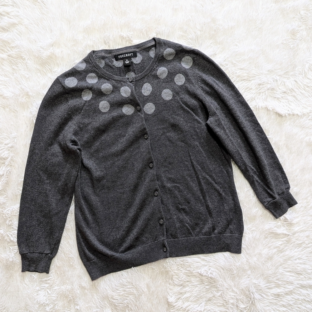 Foxcroft 100% Cotton Grey Polka Dot Button Down Cardigan Sweater Size Medium